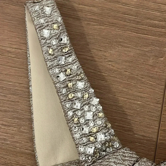 Boston Proper | Silver shimmery wrap style dress asymmetrical Size 4 rhinestones - Picture 3 of 9